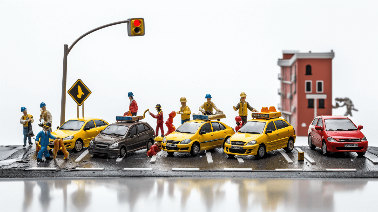 A photograph of small scale model cars and people working on the road, with traffic lights, stop signs, construction workers in yellow at work, cars stuck behind an accident, a red car, yellow cabs, white background, studio photography, cinematic, high resolution photography, with insanely detailed, fine details, on an isolated plain, stock photo.