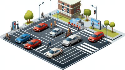 A isometric illustration of cars and people crossing the street at an intersection with crosswalks, road signs, traffic lights, pedestrians holding hands in different colors on white background. A bank building stands nearby. Vector design. The scene includes various vehicles such as cars, trucks, b BERGAMOvery detailed, high resolution, high quality vector graphics