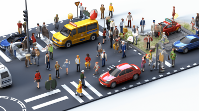 3D illustration of people crossing the road at an intersection, with cars and public transport on a white background, in the style of high resolution photography.