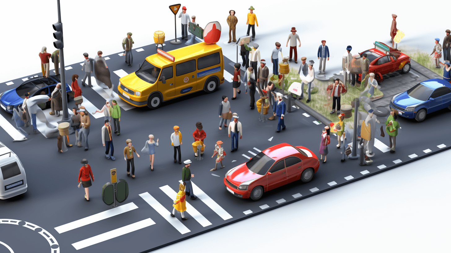 3D illustration of people crossing the road at an intersection, with cars and public transport on a white background, in the style of high resolution photography.