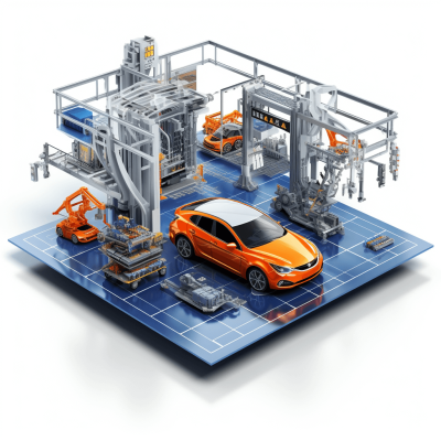 A car factory with an orange model of the Ch BUTTON is placed on top, surrounded by robotic arms and production equipment. The background color should be blue to match the studio's white environment. In front there will also have some simple data elements such as charts or numbers. This design highlights automotive manufacturing technology. White Background.