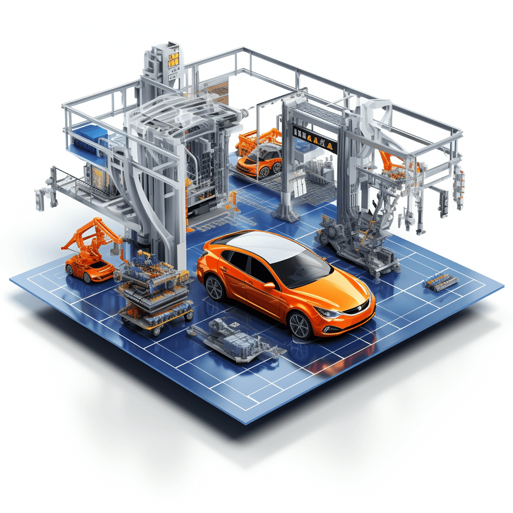 A car factory with an orange model of the Ch BUTTON is placed on top, surrounded by robotic arms and production equipment. The background color should be blue to match the studio’s white environment. In front there will also have some simple data elements such as charts or numbers. This design highlights automotive manufacturing technology. White Background.