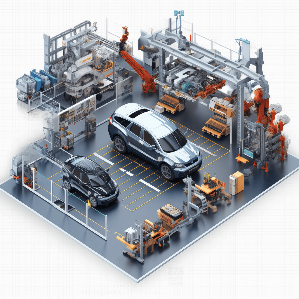 3D isometric view of a car production line with robotic arms and work rolls, on a grey floor with a white background. There is one SUV being built on the assembly line, with many tools around. An orange color palette is used in the minimalistic, high resolution, high quality, and highly detailed design. The style is similar to an octane render or unreal engine rendering in 8K resolution, on a white isolated background, with isometric perspective. Year – 0C467B, 59bbf7b9 abc8ea7ededfc6ck Stre trajectory.