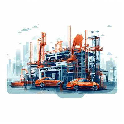 A flat illustration of an industrial car paint shop with workers painting cars, surrounded by modern buildings and urban elements. The color scheme includes shades of orange for the workshop equipment and blue tones for cityscape. A composition that captures dynamic movement in high detail, with clear lines indicating machinery and vehicles being painted. Tshirt design graphic, vector, contour, white background.