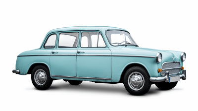 Vintage car, light blue small family vehicle from the sixties isolated on white background with clipping path