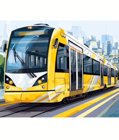 vector illustration of yellow light rail train, white and grey accents, city background,