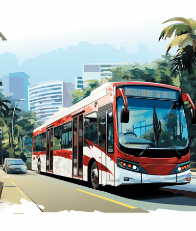 Illustration of a bus in the city, in a vector style, with a flat design, using a red and white colour palette, in a cartoonish style, on a white background, with a Hollywood backdrop in the background, showing a bus driving down the street with buildings behind it, with palm trees in the foreground, and a city skyline in the background, with cars next to a truck driving away from the camera, in the digital art style of [Artgerm](https://goo.gl/search?artist%20Artgerm).