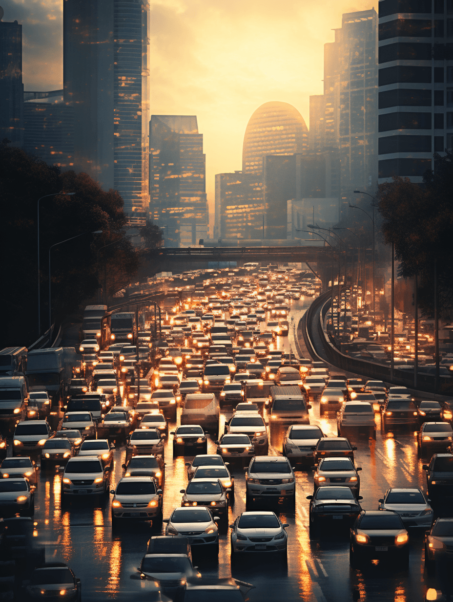 A city with many cars stuck in traffic, the background is an office building and skyscrapers, the sky has sunset light, there’s rain on the ground, cars have their lights on, hyperrealistic photography, wideangle lens, high resolution.
