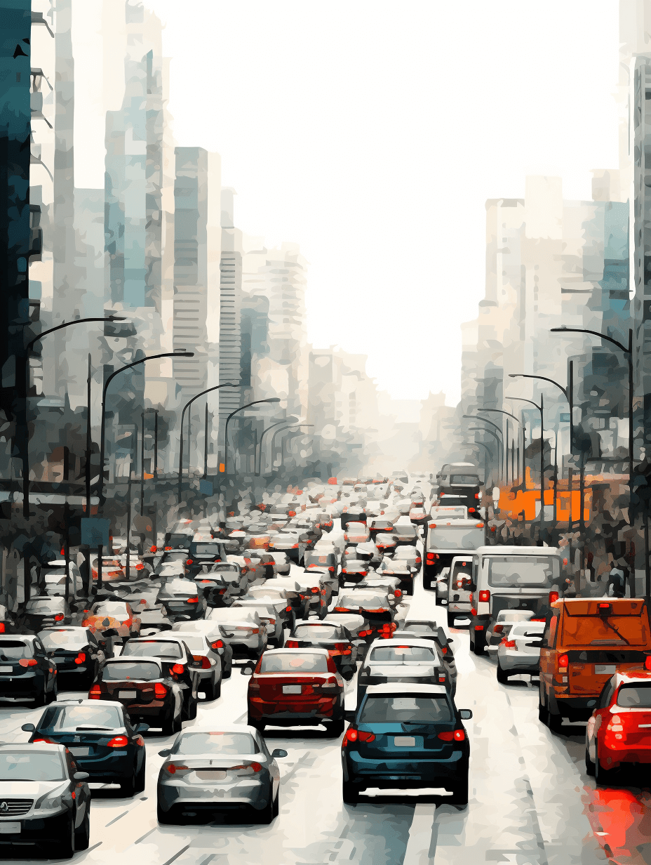 A city street full of cars, with tall buildings in the background. The traffic is dense and heavy during rush hour. In the style of digital art, painted with watercolor paints.
