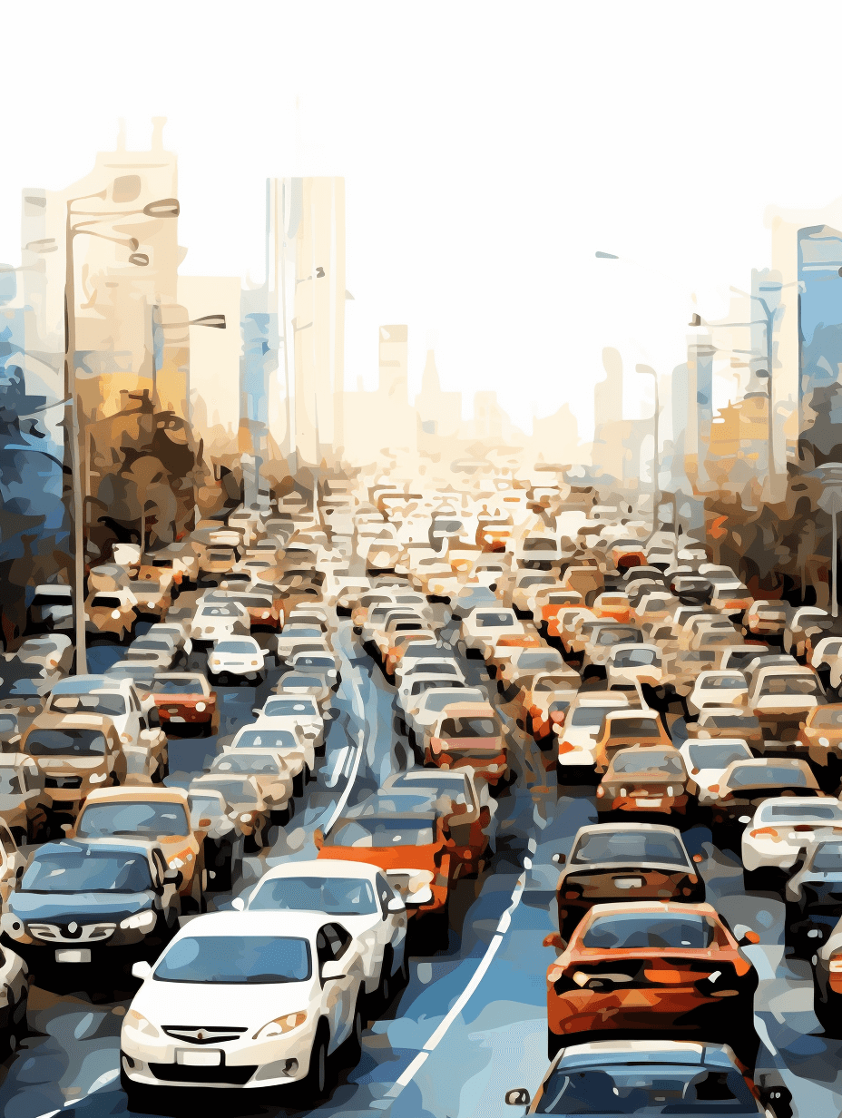 A traffic jam on the highway with cars in it, in the style of vector art, with a cityscape background, on a white background, in the digital painting style, with high resolution, with painterly brush strokes, a digital illustration, with light pastel colors, with broad brushstrokes, with soft edges, a wide shot.