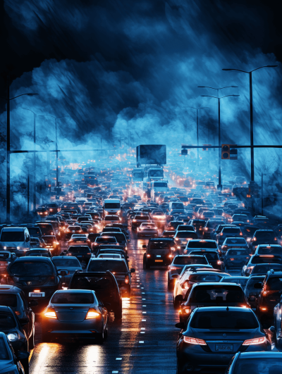 A traffic jam on the highway with cars driving in all directions, a dark blue sky filled with smoke and rain clouds above, a city skyline visible at night, highly detailed, hyper realistic, cinematic photography