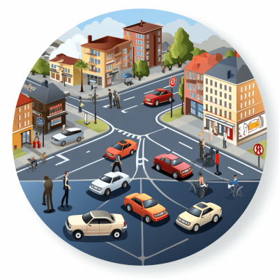 A vector illustration of cars and people at an intersection in the city, in an isometric view, with detailed design, on a white background, in the style of a circular sticker.