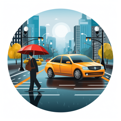 round icon of a man with an umbrella walking in the city street, a yellow car in the background, in the style of a vector illustration, flat design, digital art, cityscape, white sky, high resolution, no shadows, high detail, high quality, high definition, high contrast, high sharpness