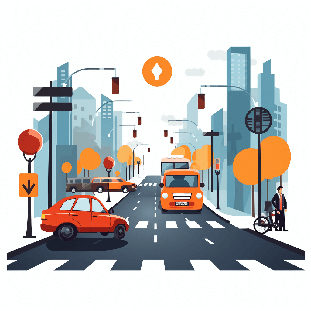 Flat design illustration of cars and public transport driving on the street, traffic lights at intersection with pedestrians walking along zebra crossing and crosswalks. In front is an orange bus parked near road sign. There’s also some tall buildings in cityscape background. White isolated flat vector style background. Vector Illustration. Isolated white background.