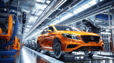 Orange car production line with MercedesBenz S thick and large front end in the factory, 3D rendering, high resolution photography, ultra realistic photoshoot, professional color grading, clean sharp focus, high quality