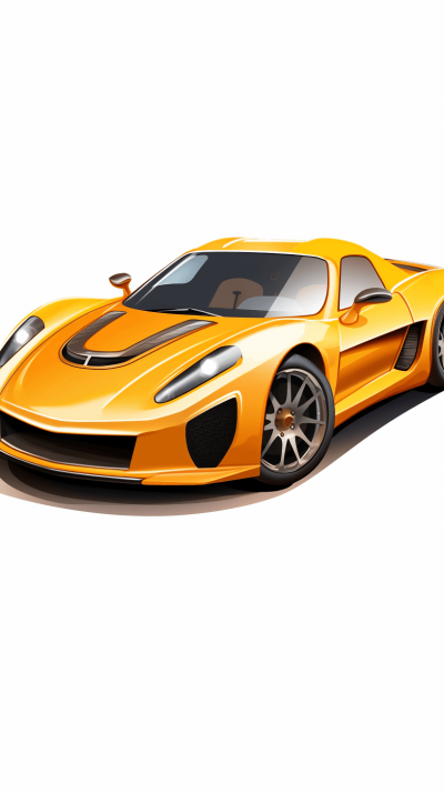 Cartoon vector illustration of an orange sports car on a white background in a flat design 2D illustration style using simple shapes in the vector art and vector graphics style suitable for a professional tshirt design on an isolated white background at high resolution with highly detailed and sharp focus.