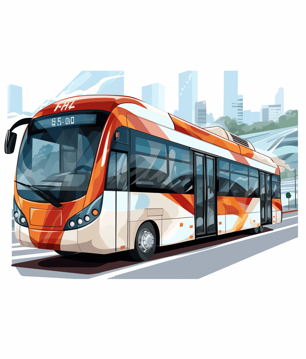 A modern bus with orange and white colors, in the style of illustration, vector graphics, city background, white background.