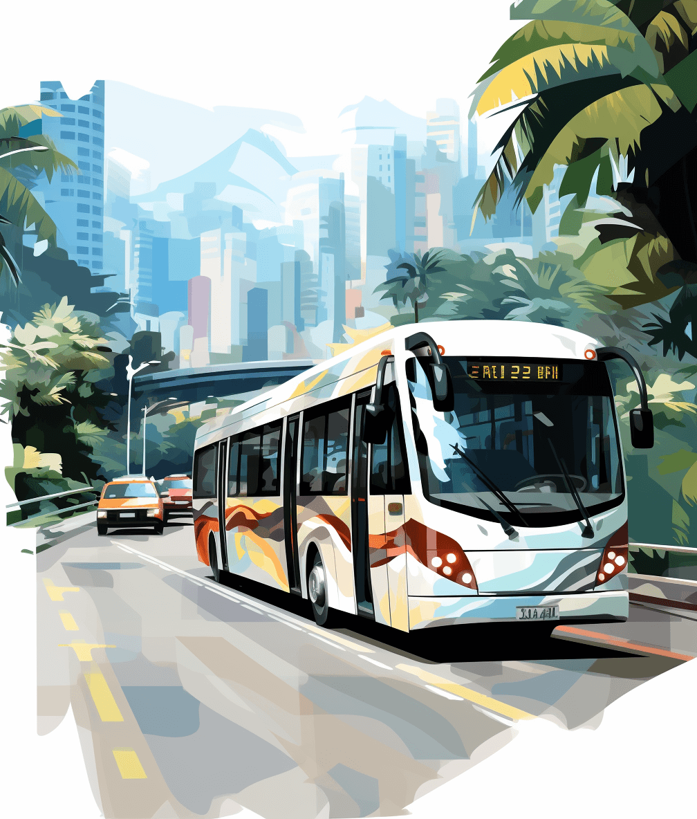 A bus driving on the road in Hong Kong, in the style of a vector illustration, with a flat design and white background, featuring a cityscape background. The artwork has a colorful cartoon painting style with a white and brown color scheme. In the distance are modern architecture buildings, with palm trees lining both sides of the street. The image is high resolution with high detail and clear lines.