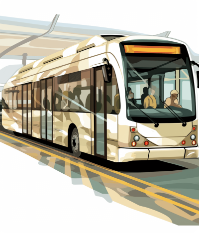 Illustration of an electric bus on the road in a vector style, with a white background and white lines for the wheels and people inside in a beige color, with reflections from the sun shining through the windows. The design is simple and flat without any shadows or gradients. It features a modern city scene with buildings and street lights in the background. In a front view. There is also some blur effect around the vehicle to give it movement. A vector illustration in the style of modern city scenes.