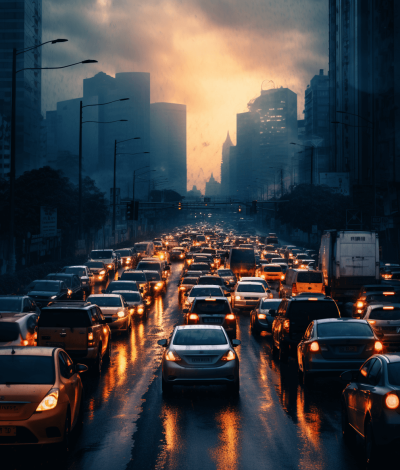 A photo of the city with cars stuck in traffic, with a city background, with high resolution, in the style of hyper realistic photography, with sunset lighting, with a cloudy sky, dramatic, with a high angle view, a wide shot, with a wet road surface, with city lights, in the evening time, with high definition photography.