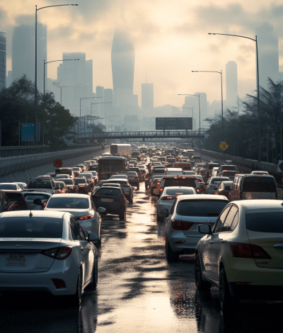 A photo of cars stuck in traffic on the highway, with buildings visible at distance. The city skyline is shrouded by thick clouds and misty atmosphere. In front view, there's an overpass above them that leads to another road ahead. There was light rain falling during sunrise. Shot from low angle perspective.