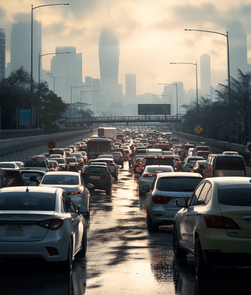 A photo of cars stuck in traffic on the highway, with buildings visible at distance. The city skyline is shrouded by thick clouds and misty atmosphere. In front view, there’s an overpass above them that leads to another road ahead. There was light rain falling during sunrise. Shot from low angle perspective.