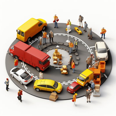 3d illustration of traffic jam on roundabout with people and vehicles in different colors, construction workers standing around the cars, small delivery men holding boxes near truck, white background, high resolution