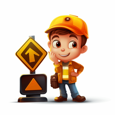 3D cartoon happy boy construction worker standing next to road sign with arrow up, white background, bright colors, soft lighting, isometric view, blender render, in the style of artstation and behance illustrations