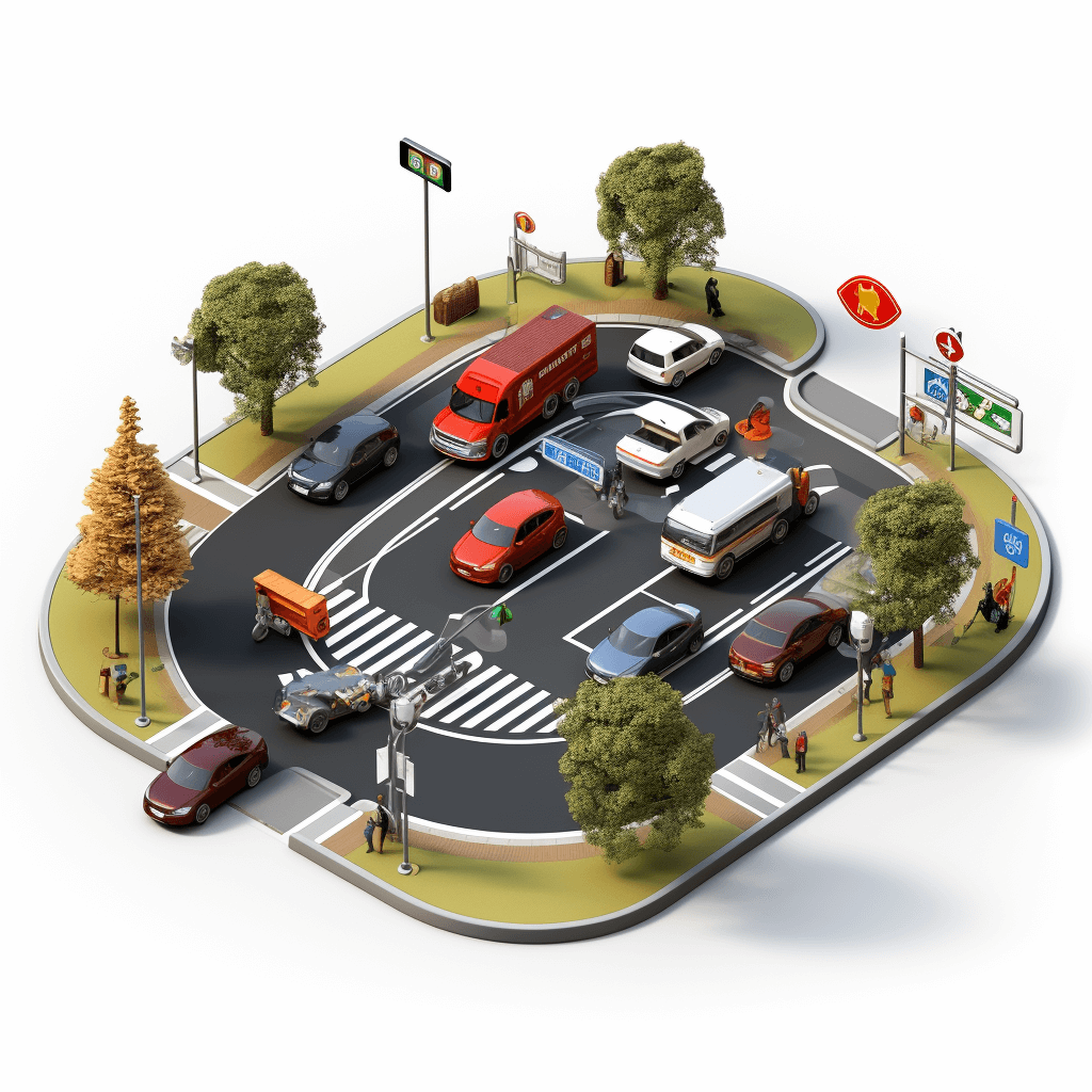 A roundabout with cars, trucks and people in it, isometric view, white background, 3d render style, high resolution, high detail, hyper realistic, sharp focus, in the style of hyper realistic.