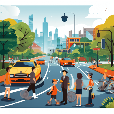 A flat vector illustration of people in the city, wearing orange and black , holding smart phones in their hands as they cross an empty street with cars driving. On both sides of the urban streets are green trees and buildings, there is also a traffic light hanging above the road. There are some children playing bicycle nearby. Flat Vector Illustration