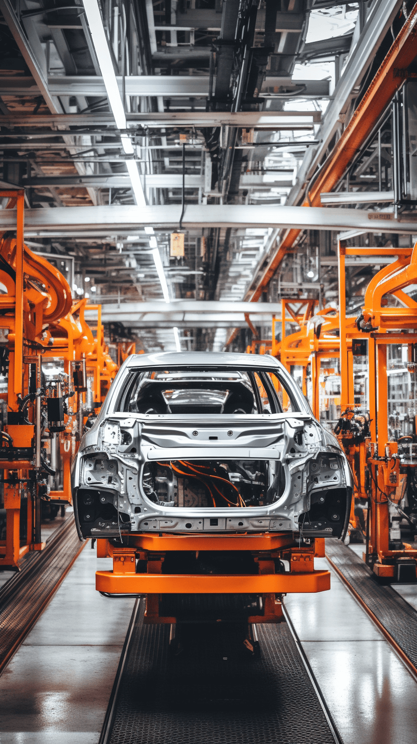 A car on the production line, with an orange frame and metal parts being assembled in front of it. The background is a bright white, with a symmetrical composition and a wide angle lens. It has an industrial style and a modern technology feel. Bright lighting creates a strong contrast between light gray and dark black tones. High saturation adds vitality to the overall atmosphere. Aerial perspective highlights details. High resolution captures every detail in the style of modern technology.