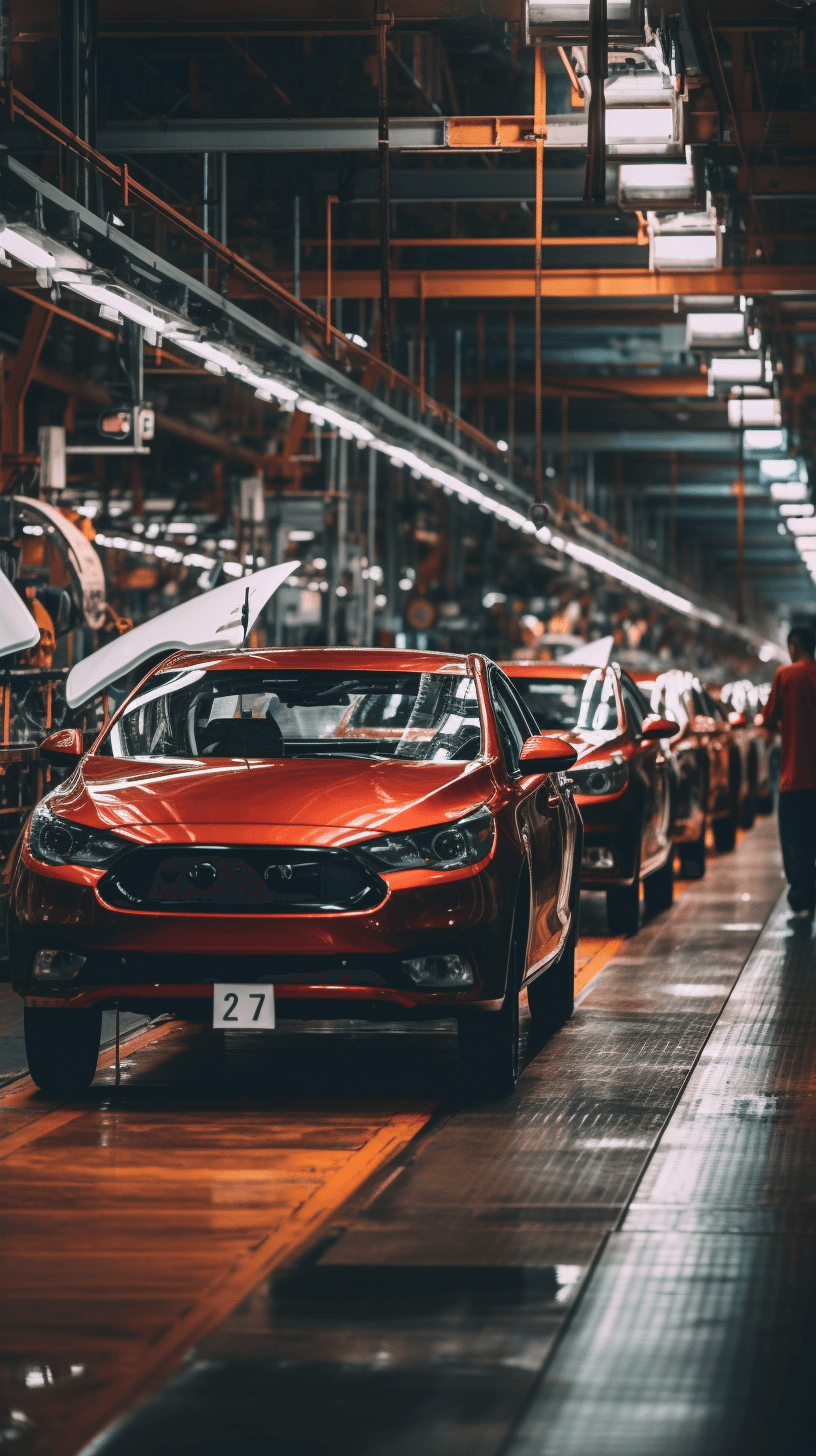 Red car on the production line of an industrial factory, workers busy working in the style of dark orange and light gray, high resolution photography, detailed facial features, shot with a Sony FE24-70mm f/2.6 lens in natural lighting with hard shadows in the industrial interior, high quality photo, high definition.