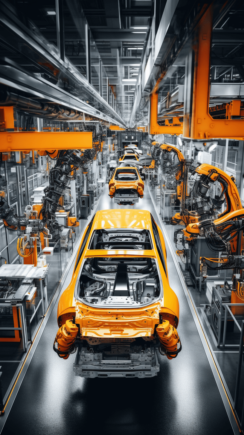 A car factory with robotic arms and yellow cars on the assembly line, high resolution, professional photograph. The background is pure white and orange, HDR.