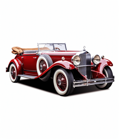 vintage art deco coupe car with white fenders and large headlamps, red bodywork, long handsome hood, luxurious crossover in the style of Art Deco with styled geometric design elements, high resolution photography photoshoot on a solid white background