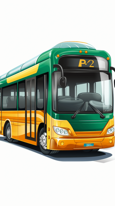 A modern green and yellow bus with "P2" on the side, in the vector style, on a white background, as a cartoon illustration, shown from the front view.