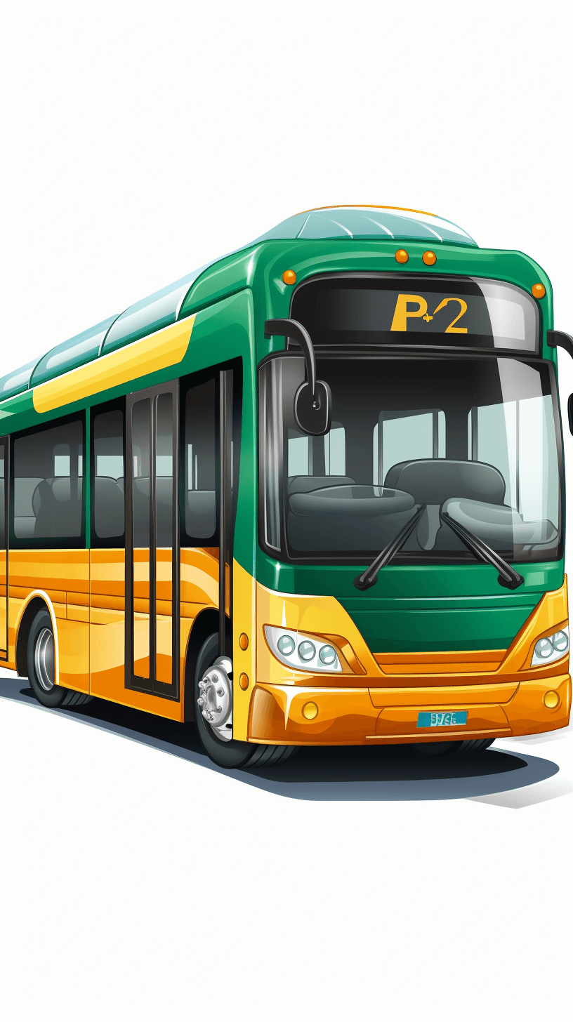 A modern green and yellow bus with “P2” on the side, in the vector style, on a white background, as a cartoon illustration, shown from the front view.