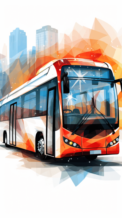 A vector illustration of an orange and white bus with a city background featuring geometric shapes and simple lines in the style of watercolor, presented at a high resolution.