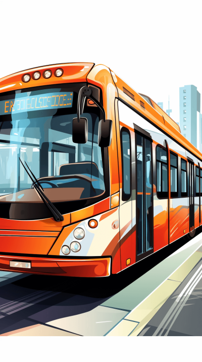 A modern orange bus with white and black stripes on the side, standing at an empty street stop in front of buildings, in the digital illustration style. The background is white, creating contrast against bright colors. In the vector graphics style, the bus has large windows for clear visibility inside. A sign above displays "campus" clearly.
