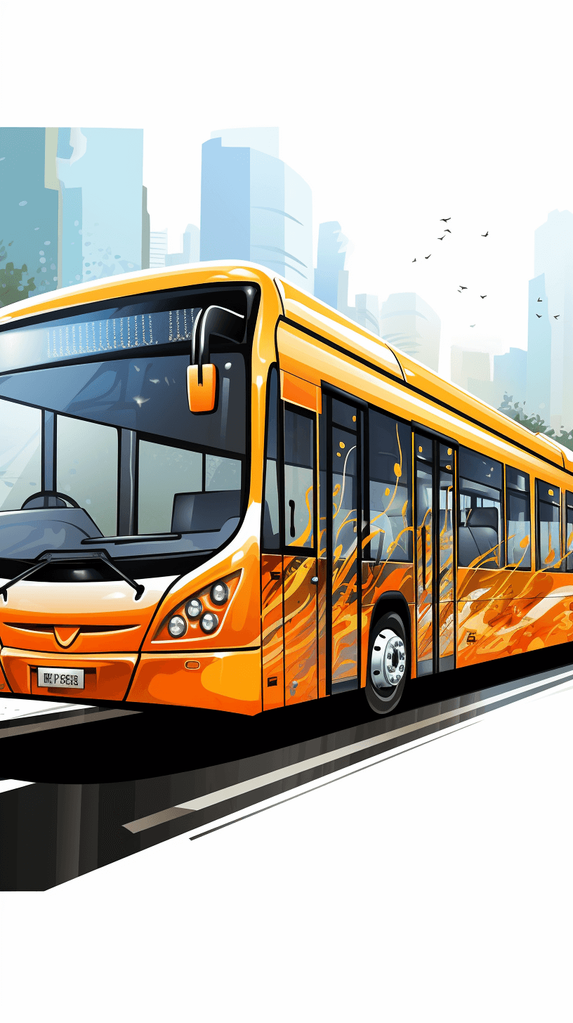 vector illustration of an orange bus driving on the road against a city background, with a white color palette, in a high resolution, professionally photographed style, with super detailed elements