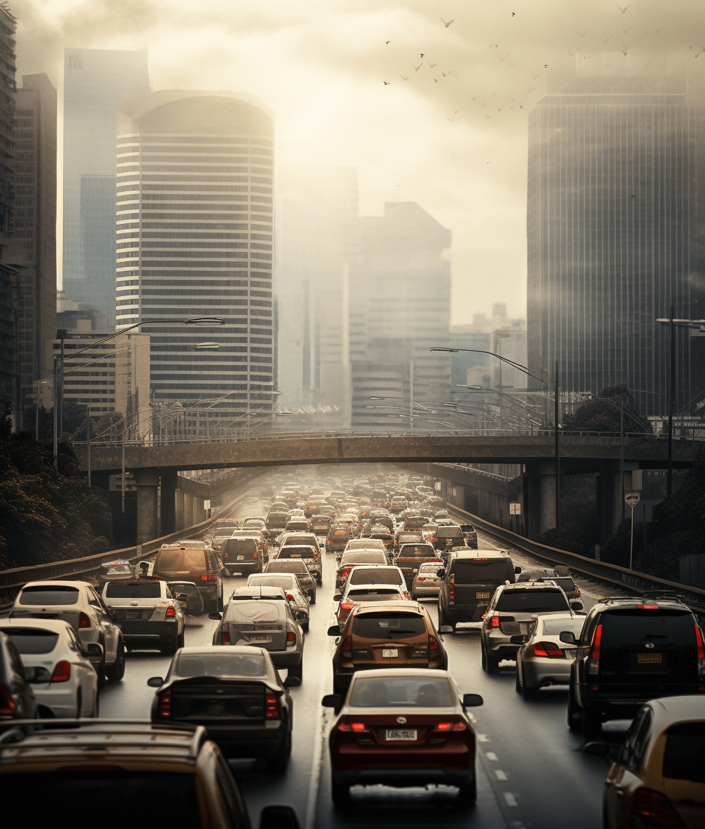 A cityscape showing traffic in a decorative photo, with the focus on cars stuck in long lines of pollution and chaos during rush hour. The background features tall buildings under a hazy sky. This scene symbolizes the environmental impact of urban congestion.