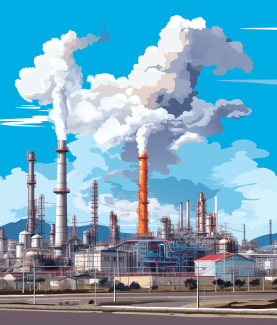 vector illustration of an industrial plant with large smokestacks and billowing white clouds, in the style of a cartoon with thick lines, low detail, and vivid color