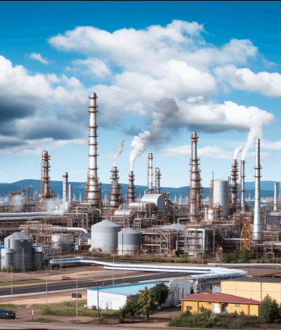 A photo of an industrial oil and gas production plant with large buildings, steam sticks rising from the chimneys, against blue sky with white clouds. In front is an open area where workers in protective gear work on machinery, surrounded by various tanks containing fuel or chemical elements. The background features distant mountains under clear skies. Captured using Canon EOS5D Mark IV camera with EF lens at f/8 aperture setting, ISO film grain effect for texture.