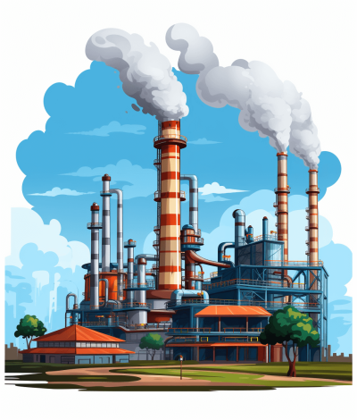 A cartoon style factory with smoke coming out of the chimney, surrounded trees and buildings on a white background. The industrial plant is colorful and vibrant, featuring large pipes that connect to various parts of it. In front of the production facility there's an open field for worker activities. A blue sky above with clouds adding depth to the scene. The illustration is in the style of a vector graphic.