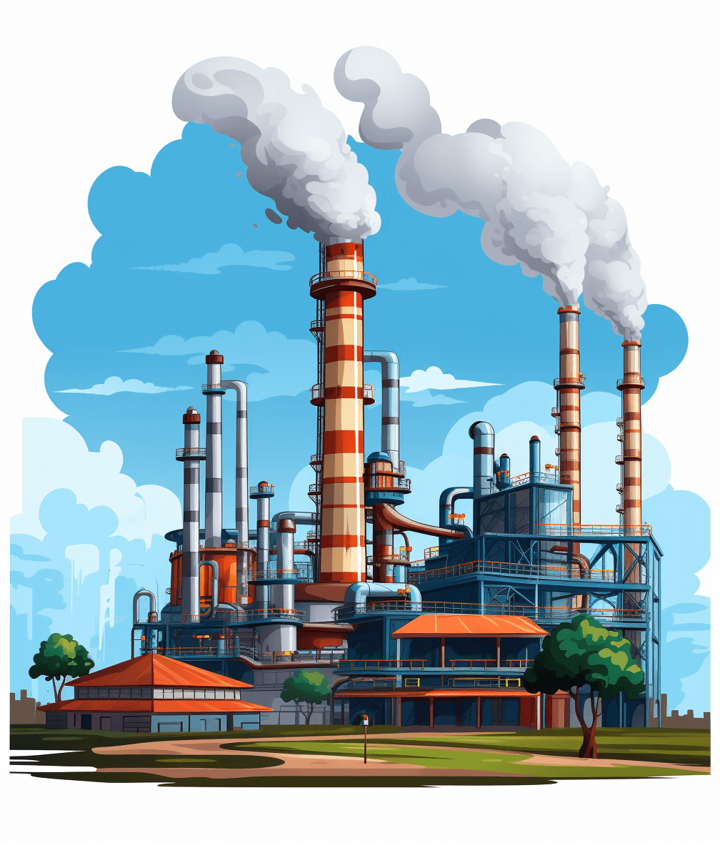 A cartoon style factory with smoke coming out of the chimney, surrounded trees and buildings on a white background. The industrial plant is colorful and vibrant, featuring large pipes that connect to various parts of it. In front of the production facility there’s an open field for worker activities. A blue sky above with clouds adding depth to the scene. The illustration is in the style of a vector graphic.