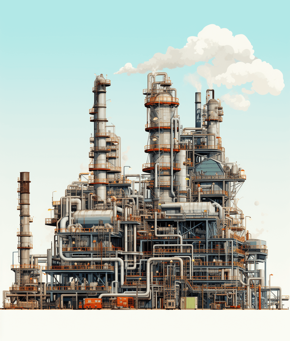 A highly detailed illustration of an industrial plant, featuring intricate machinery and pipes. The background is clear blue sky with white clouds.