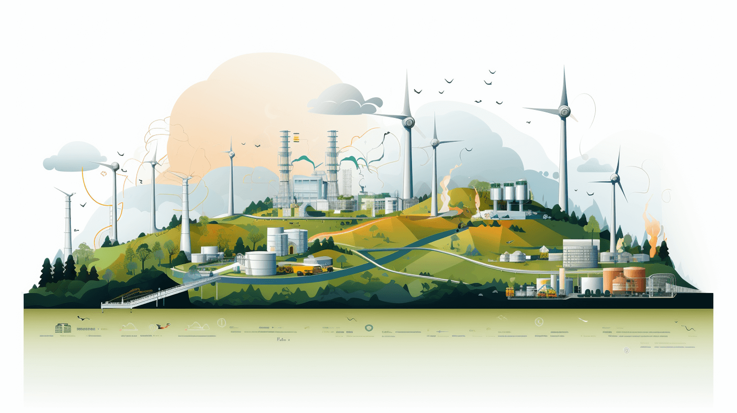 A flat illustration of an ecofriendly energy power plant surrounded by wind turbines and solar panels, with industrial machinery on the right side of the landscape, set against a white background. The design includes green hills in front of it and is presented as vector art with a color palette of light greens, blues, and yellows. It features clean lines and minimalistic elements, creating a modern feel. There is space at the top for text or other graphic designs. The illustration is in the style of vector art with a minimalist and modern aesthetic.