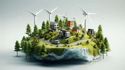 3d rendering of an island with wind turbines and houses, surrounded by trees. The scene is set against a white background, creating contrast between the greenery on one side and grey elements like cars or buildings on another. This composition emphasizes sustainable energy sources in urban areas, showcasing modern ecofriendly living in harmony with nature.