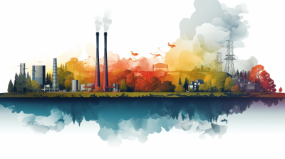 A vector illustration of an industrial landscape with power plants, factories and the river. The color palette is white background with colorful elements in shades of blue, green red orange and yellow. There's smoke coming from chimneys, birds flying above trees and buildings on one side of the river, while another part has urban areas. This design could represent environmental impact or sustainability in industry.