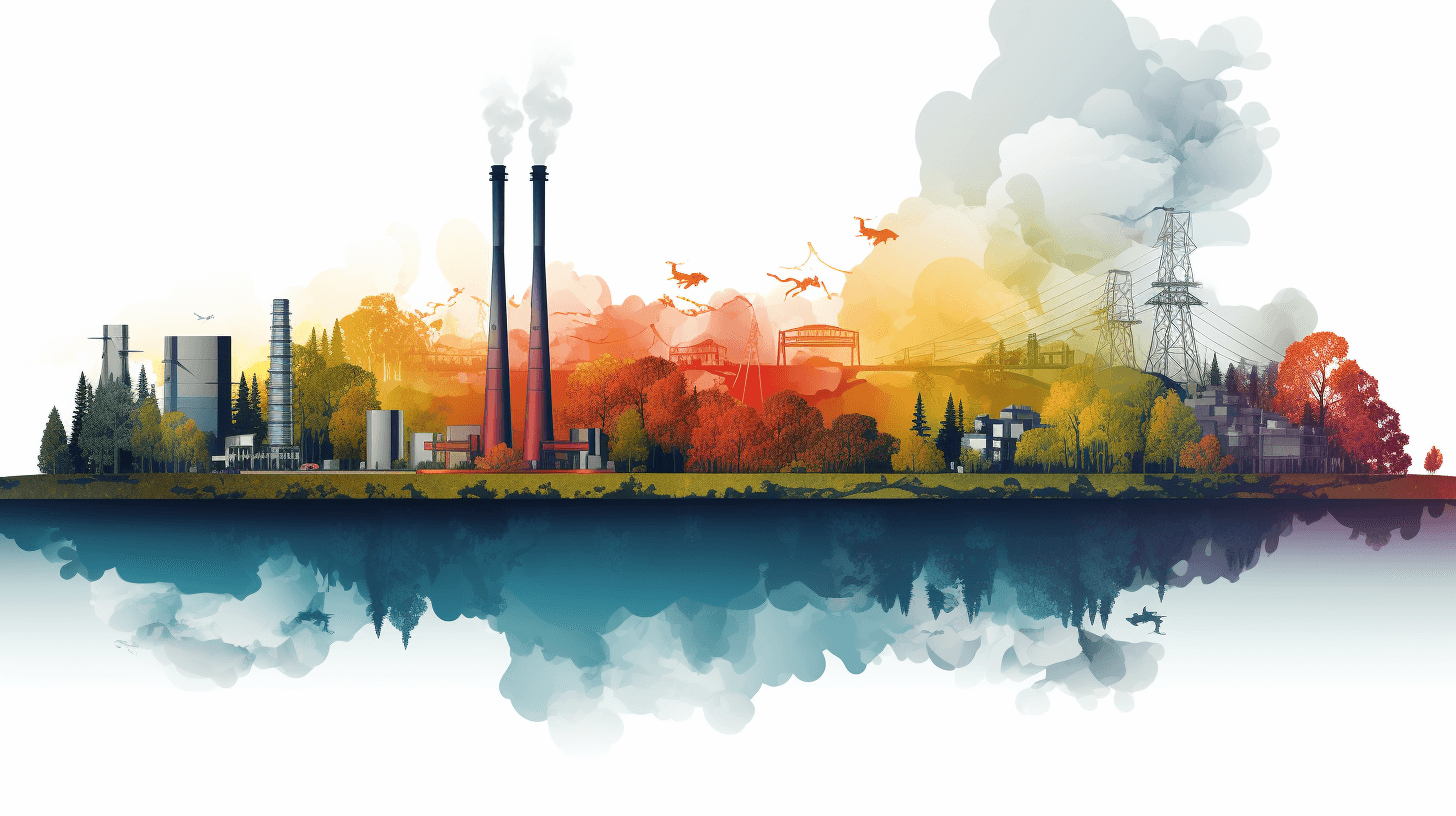 A vector illustration of an industrial landscape with power plants, factories and the river. The color palette is white background with colorful elements in shades of blue, green red orange and yellow. There’s smoke coming from chimneys, birds flying above trees and buildings on one side of the river, while another part has urban areas. This design could represent environmental impact or sustainability in industry.