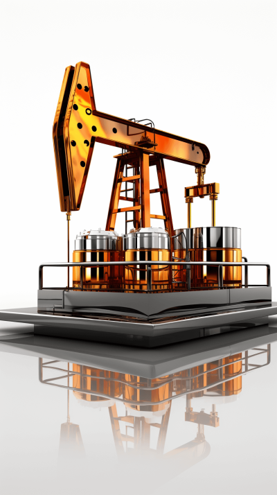 3d illustration of oil pump with storage tanks, white background, orange and gold color scheme, reflection on surface, high resolution